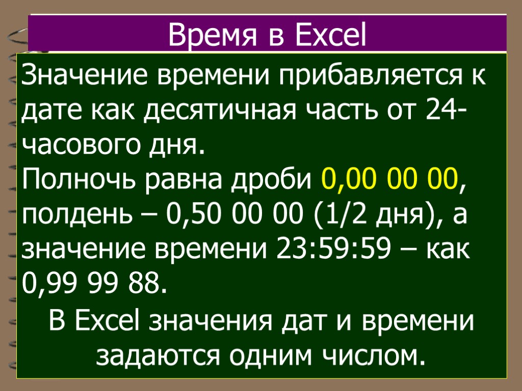Время в Excel Значение времени прибавляется к дате как десятичная часть от 24-часового дня.